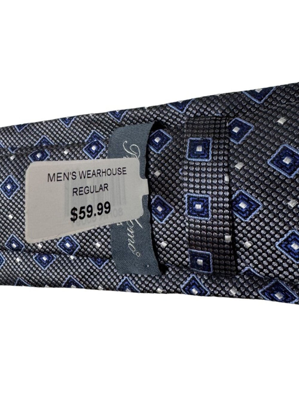 Mens Wearhouse Pronto Uomo Platinum Tie Gray & Blue Diamond Pattern Handmade 60" - Picture 4 of 10